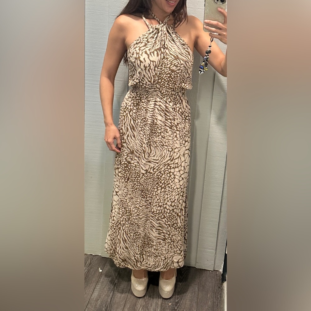Parker Silk Halter Tie Neck Maxi Dress XS Animal Print